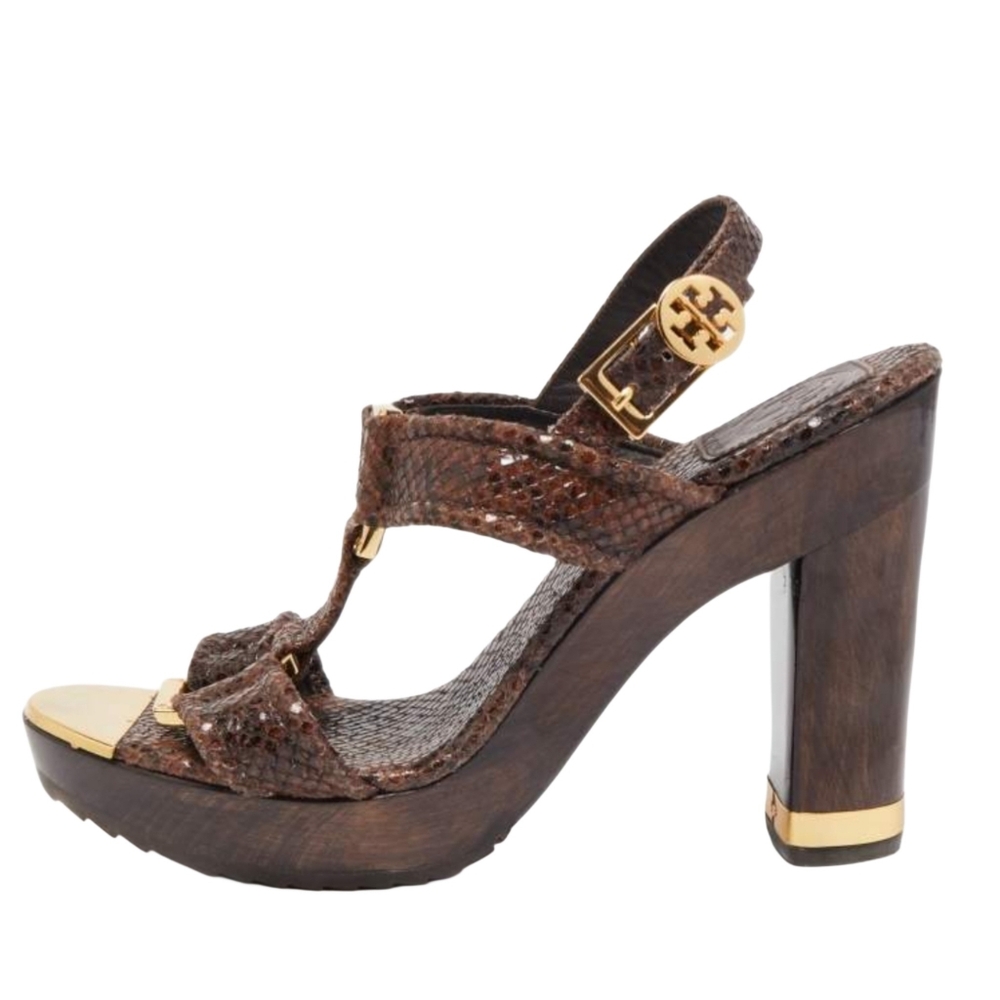 Tory Burch Gold & Brown Ankle Strap High Heel Sandals Heels
